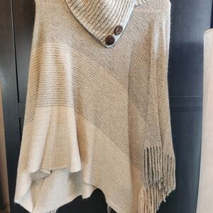 Romantic Hut Beige Knit Poncho with Button Accents And Fringe